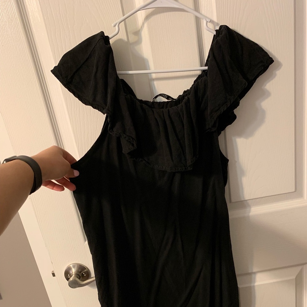 Off the shoulder dress.